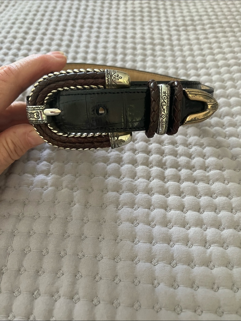Brighton Black Leather Belt,  Brown Braided Trim and Silver-Tone Buckle